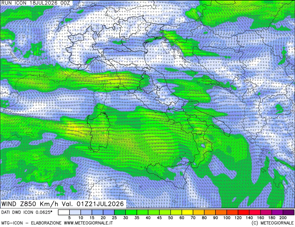 mappa 850 hPa Vento forza e direzione