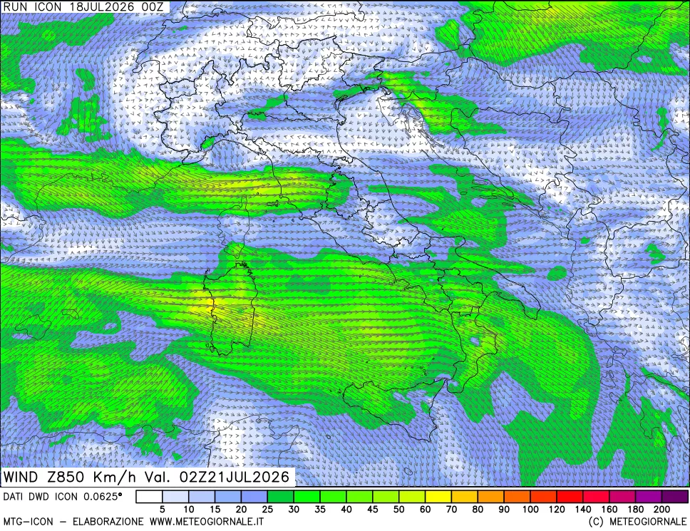 mappa 850 hPa Vento forza e direzione