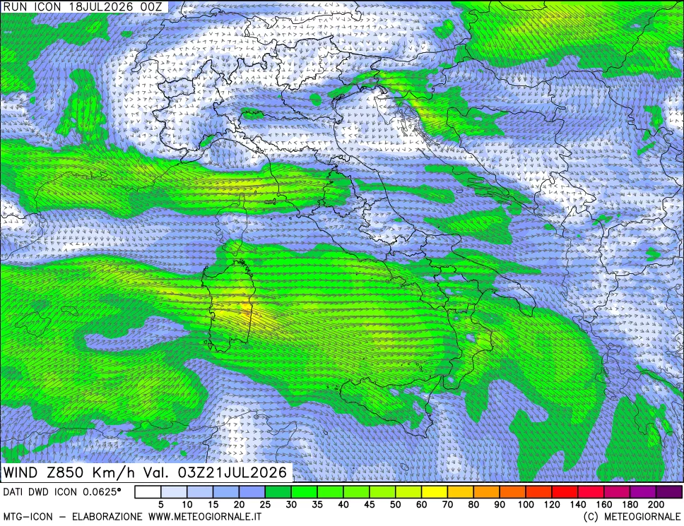 mappa 850 hPa Vento forza e direzione