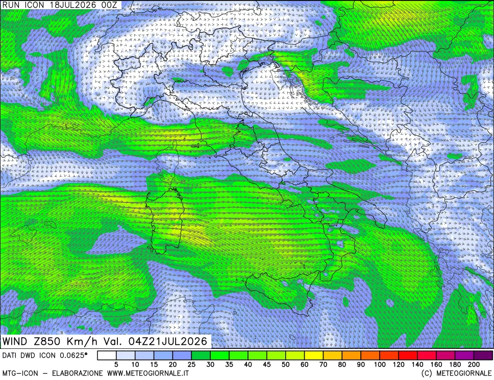 mappa 850 hPa Vento forza e direzione