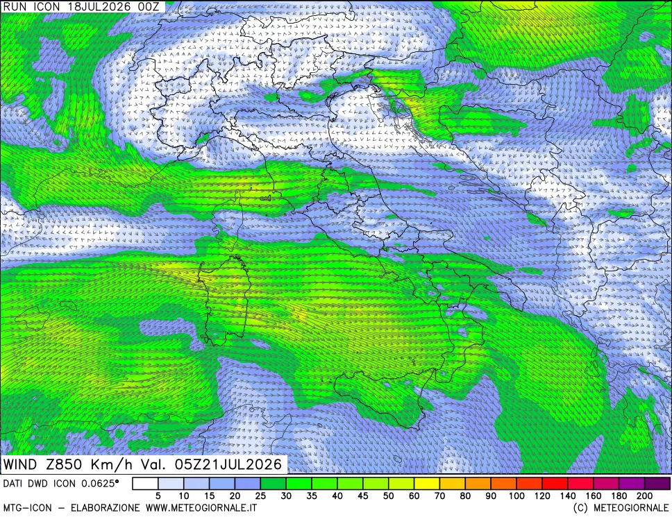 mappa 850 hPa Vento forza e direzione
