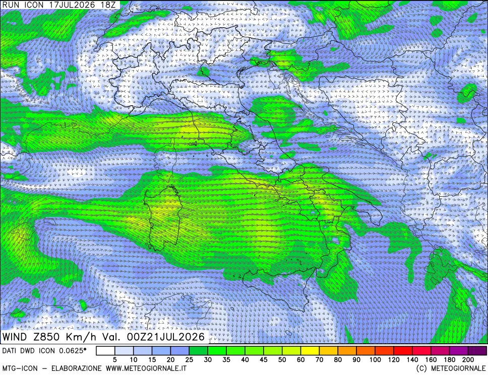 mappa 850 hPa Vento forza e direzione