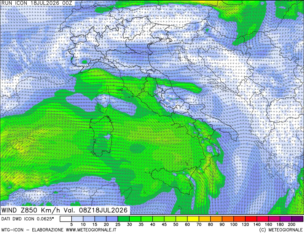 mappa 850 hPa Vento forza e direzione