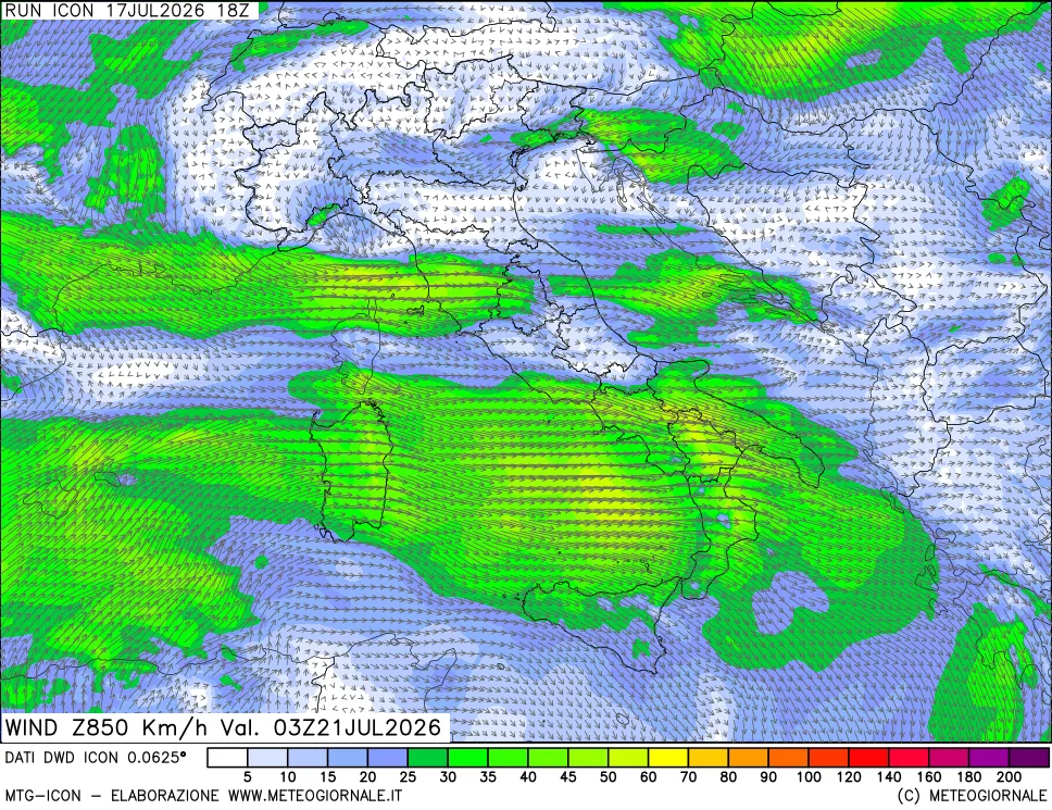 mappa 850 hPa Vento forza e direzione