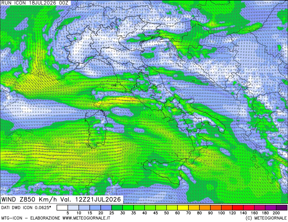 mappa 850 hPa Vento forza e direzione
