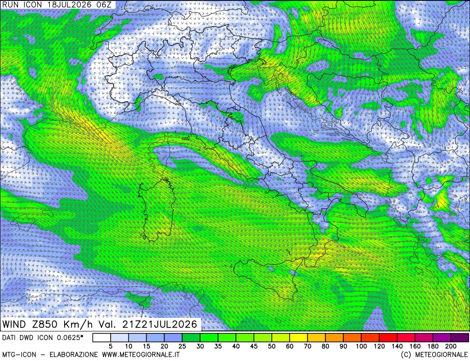mappa 850 hPa Vento forza e direzione