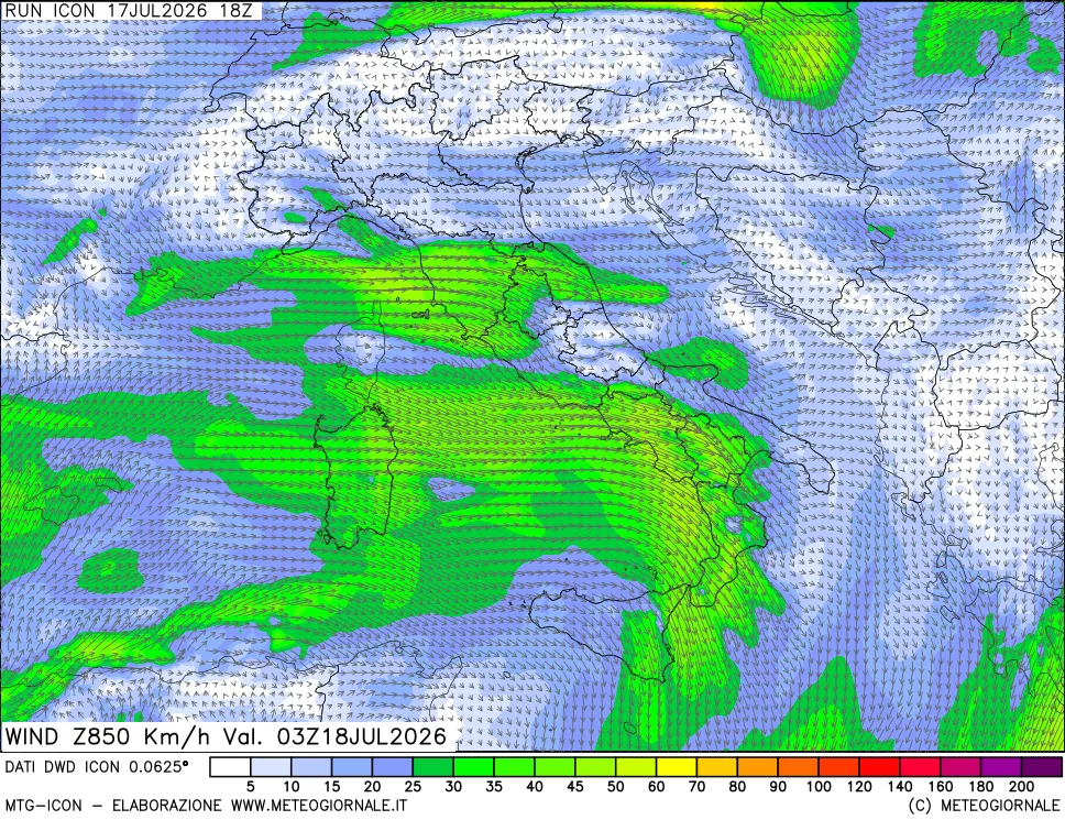 mappa 850 hPa Vento forza e direzione