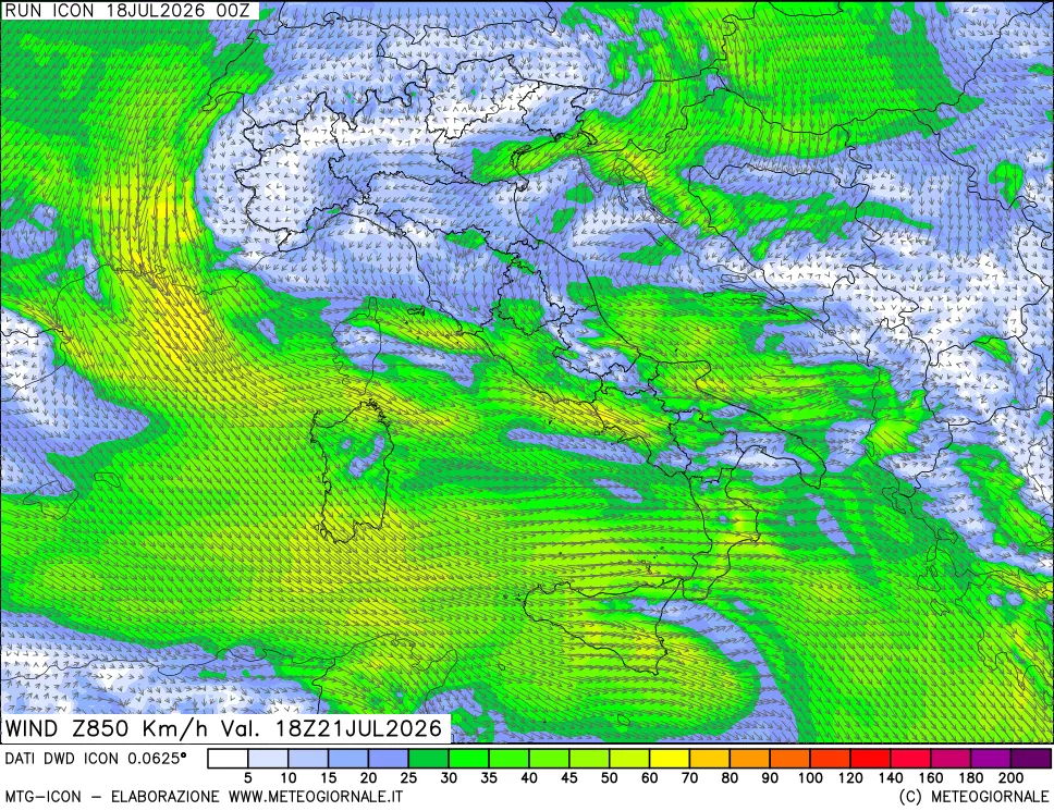 mappa 850 hPa Vento forza e direzione