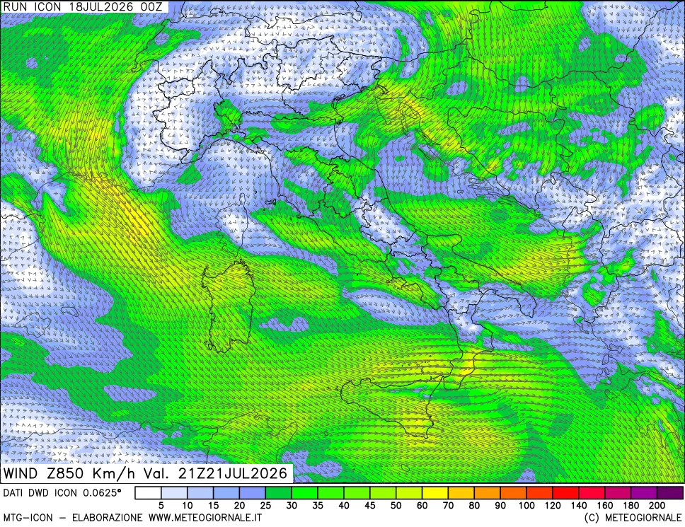 mappa 850 hPa Vento forza e direzione