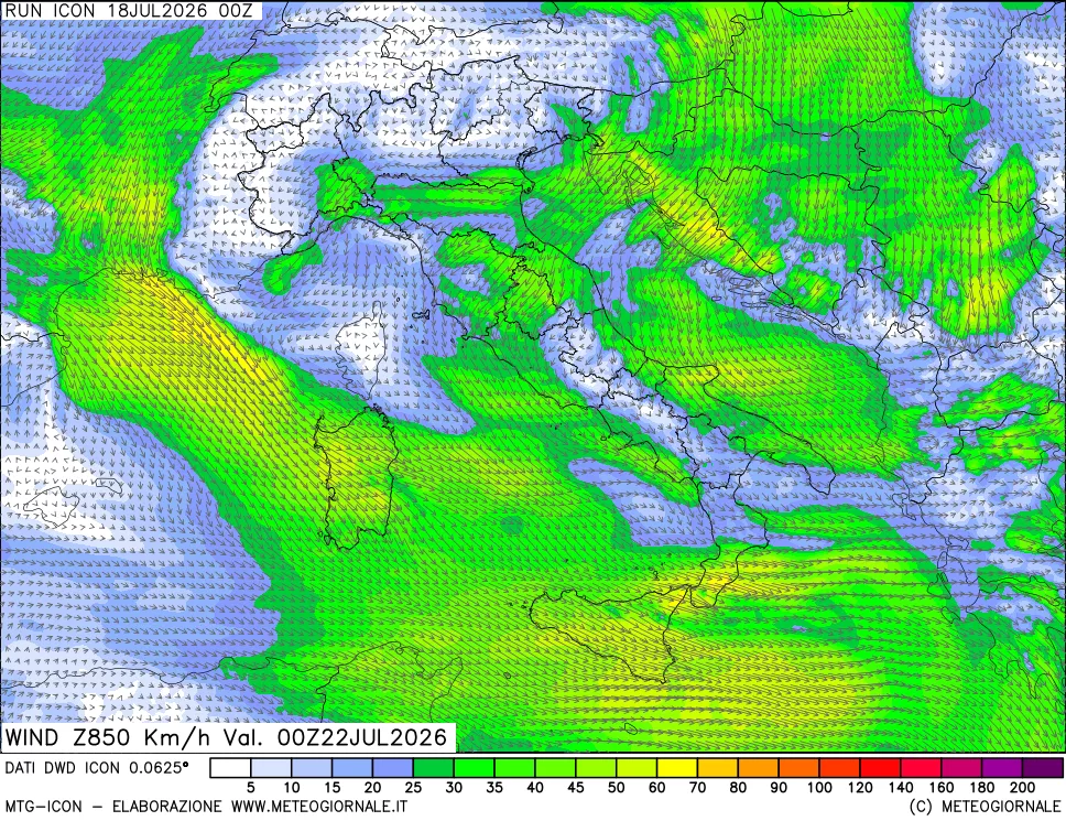 mappa 850 hPa Vento forza e direzione