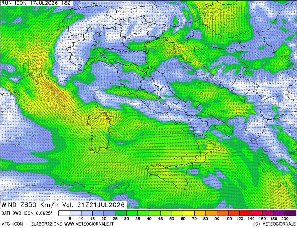 mappa 850 hPa Vento forza e direzione