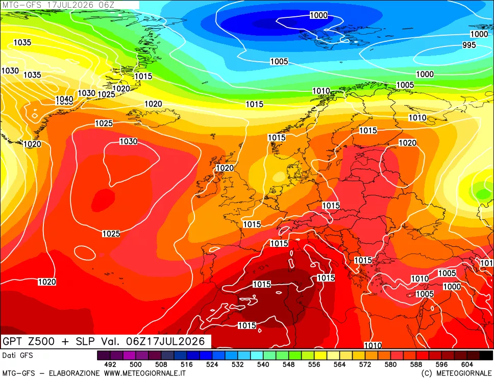 mappa GFS: Geopotenziale a 500 hPa + Pressione sul livello del mare