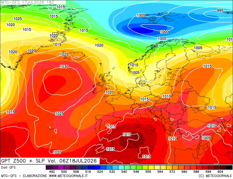 mappa GFS: Geopotenziale a 500 hPa + Pressione sul livello del mare