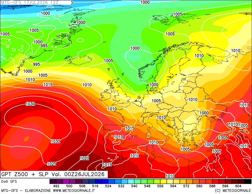 mappa GFS: Geopotenziale a 500 hPa + Pressione sul livello del mare