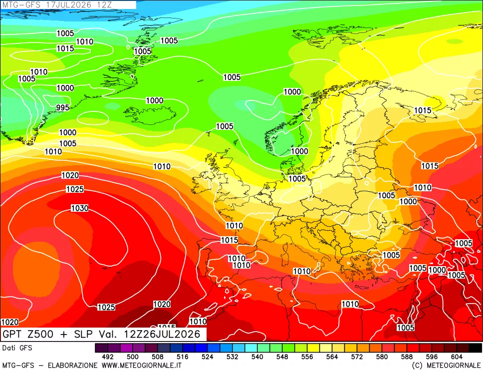 mappa GFS: Geopotenziale a 500 hPa + Pressione sul livello del mare