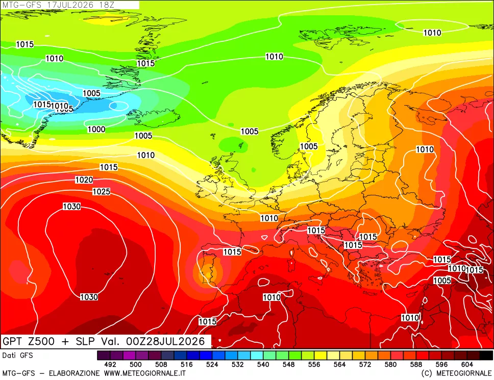 mappa GFS: Geopotenziale a 500 hPa + Pressione sul livello del mare