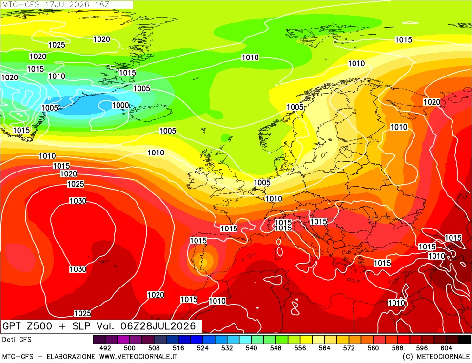 mappa GFS: Geopotenziale a 500 hPa + Pressione sul livello del mare