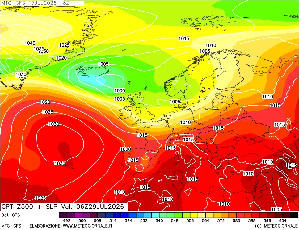 mappa GFS: Geopotenziale a 500 hPa + Pressione sul livello del mare