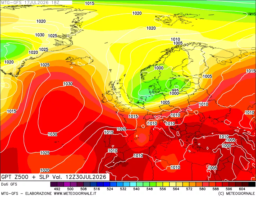 mappa GFS: Geopotenziale a 500 hPa + Pressione sul livello del mare