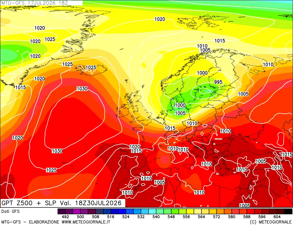 mappa GFS: Geopotenziale a 500 hPa + Pressione sul livello del mare