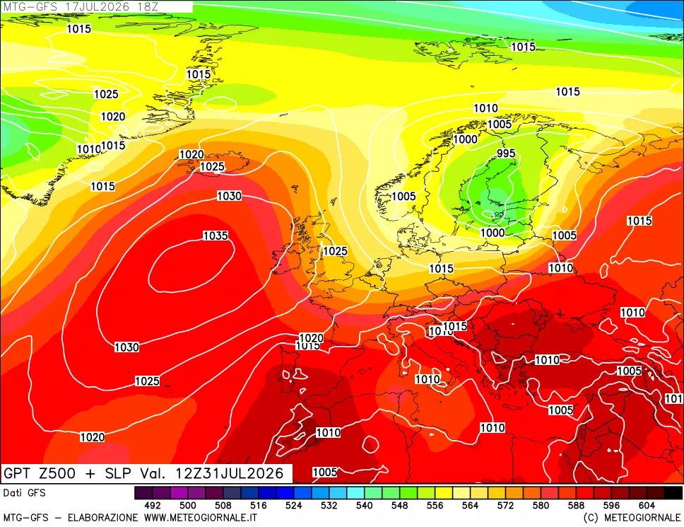 mappa GFS: Geopotenziale a 500 hPa + Pressione sul livello del mare