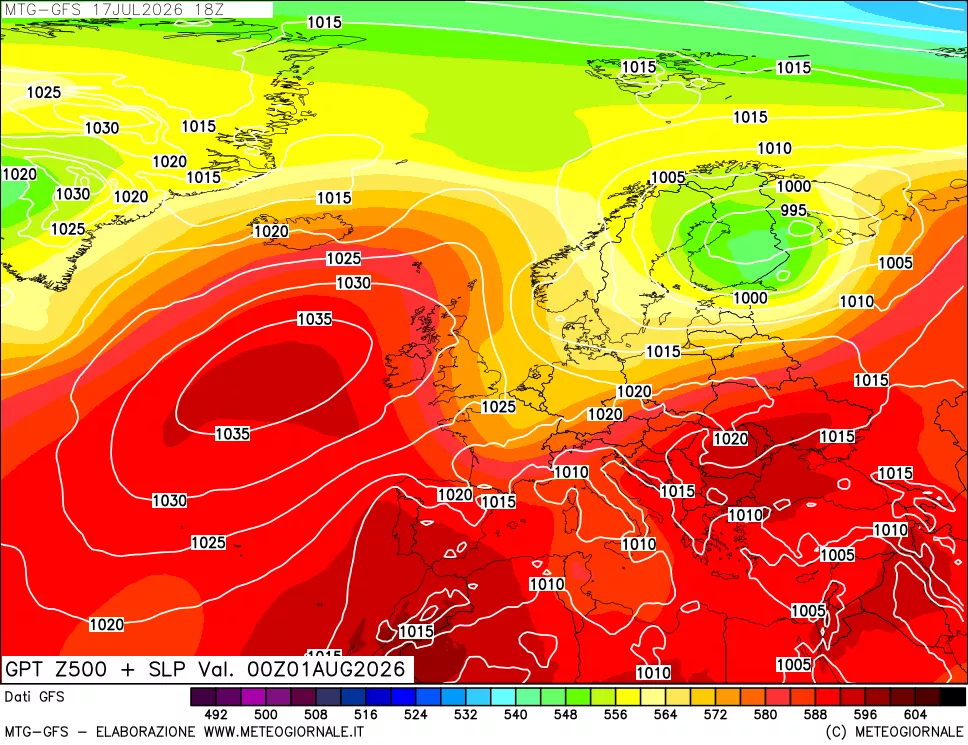 mappa GFS: Geopotenziale a 500 hPa + Pressione sul livello del mare