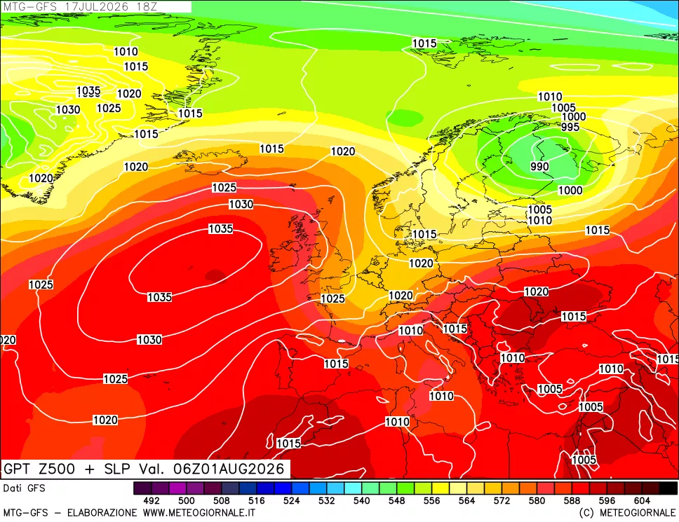 mappa GFS: Geopotenziale a 500 hPa + Pressione sul livello del mare