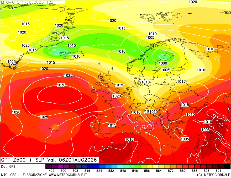 mappa GFS: Geopotenziale a 500 hPa + Pressione sul livello del mare