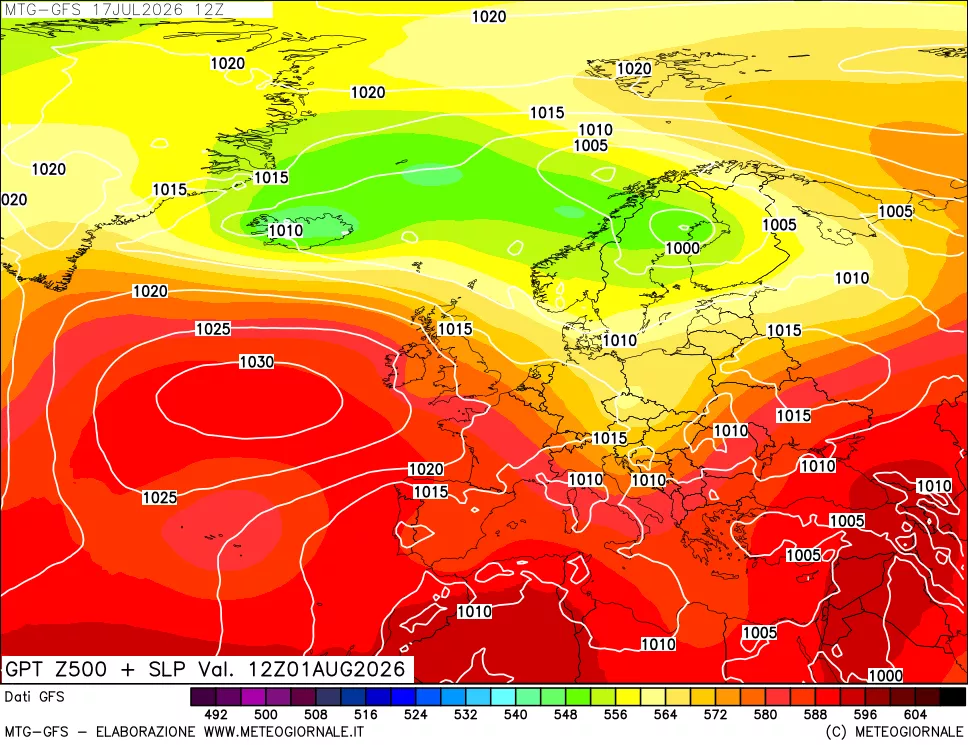 mappa GFS: Geopotenziale a 500 hPa + Pressione sul livello del mare