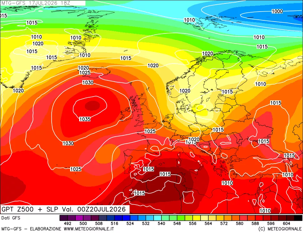 mappa GFS: Geopotenziale a 500 hPa + Pressione sul livello del mare