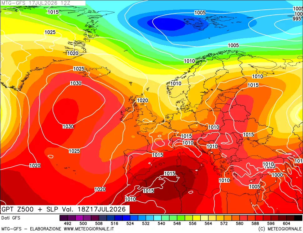 mappa GFS: Geopotenziale a 500 hPa + Pressione sul livello del mare