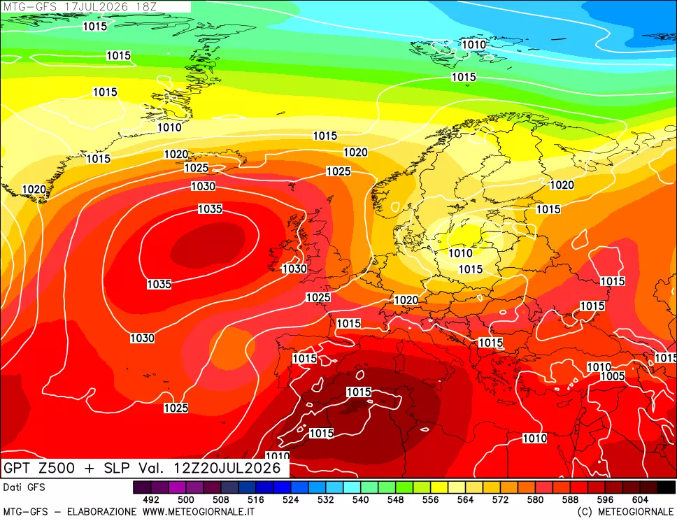 mappa GFS: Geopotenziale a 500 hPa + Pressione sul livello del mare
