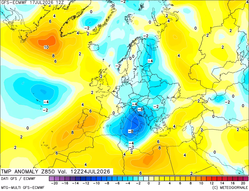 mappa 850 hPa Temp Anomaly vs Cli.No 1981-2010