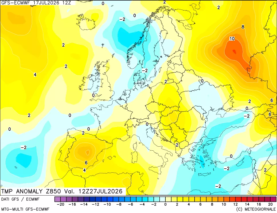 mappa 850 hPa Temp Anomaly vs Cli.No 1981-2010