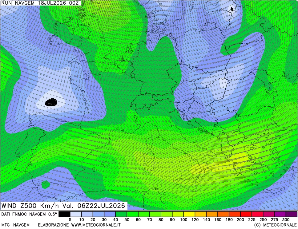 mappa Direzione e forza del vento a 500hPa
