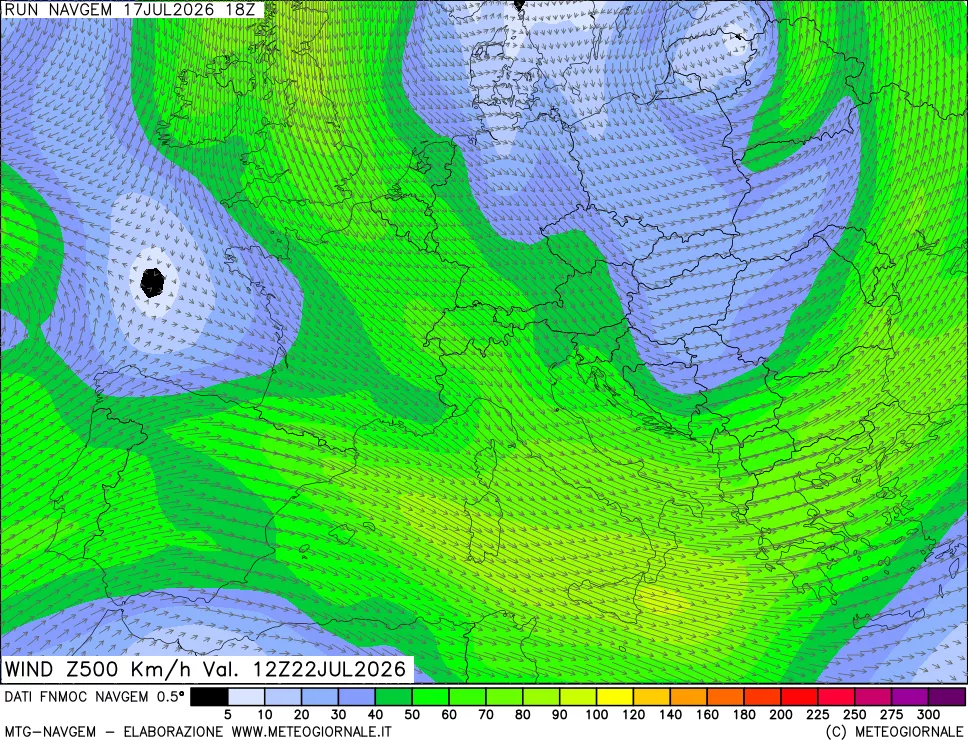 mappa Direzione e forza del vento a 500hPa