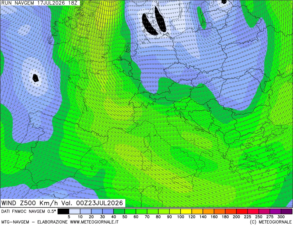 mappa Direzione e forza del vento a 500hPa