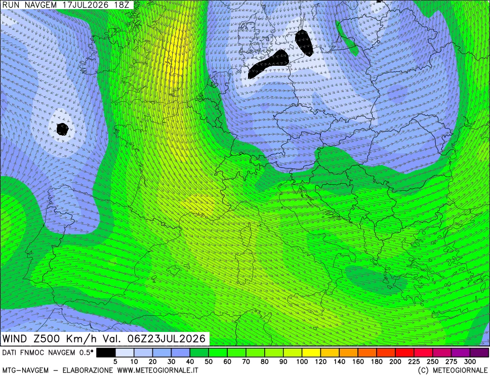 mappa Direzione e forza del vento a 500hPa