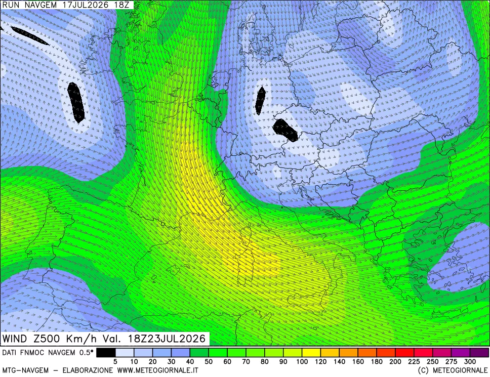 mappa Direzione e forza del vento a 500hPa