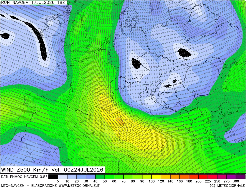 mappa Direzione e forza del vento a 500hPa