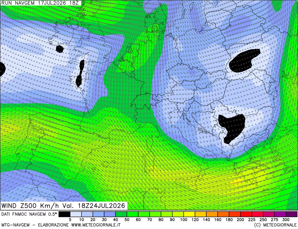 mappa Direzione e forza del vento a 500hPa