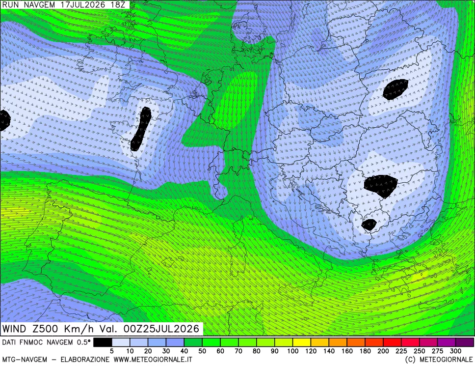 mappa Direzione e forza del vento a 500hPa
