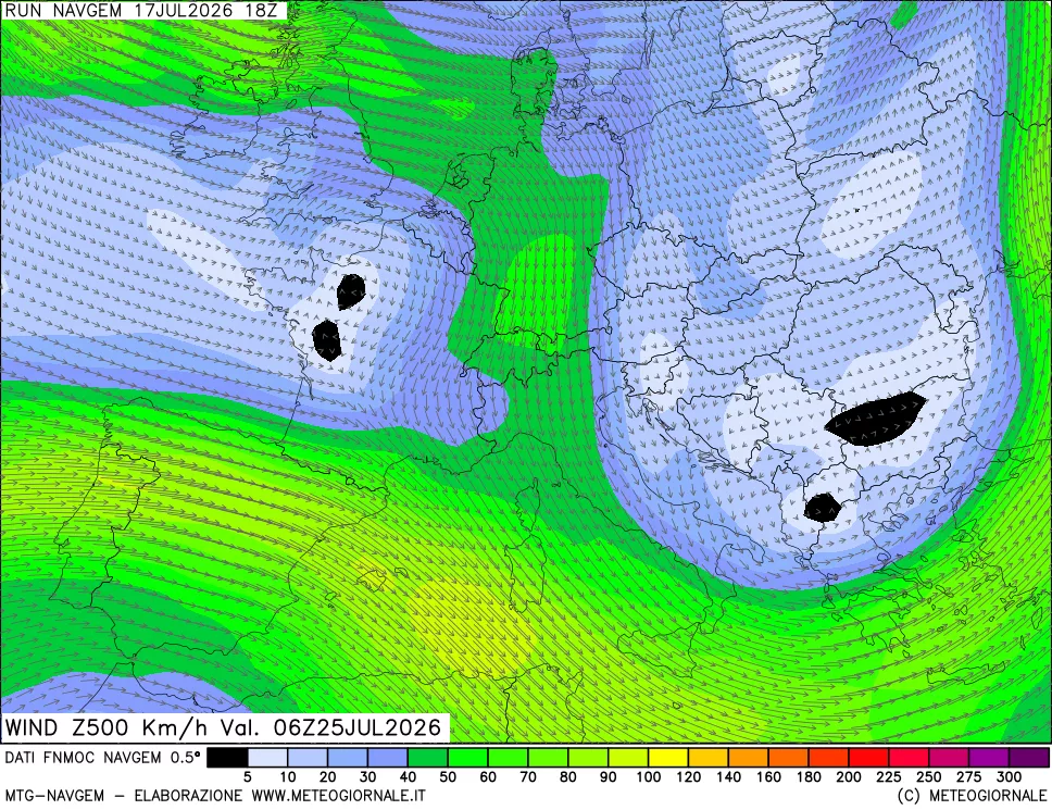 mappa Direzione e forza del vento a 500hPa