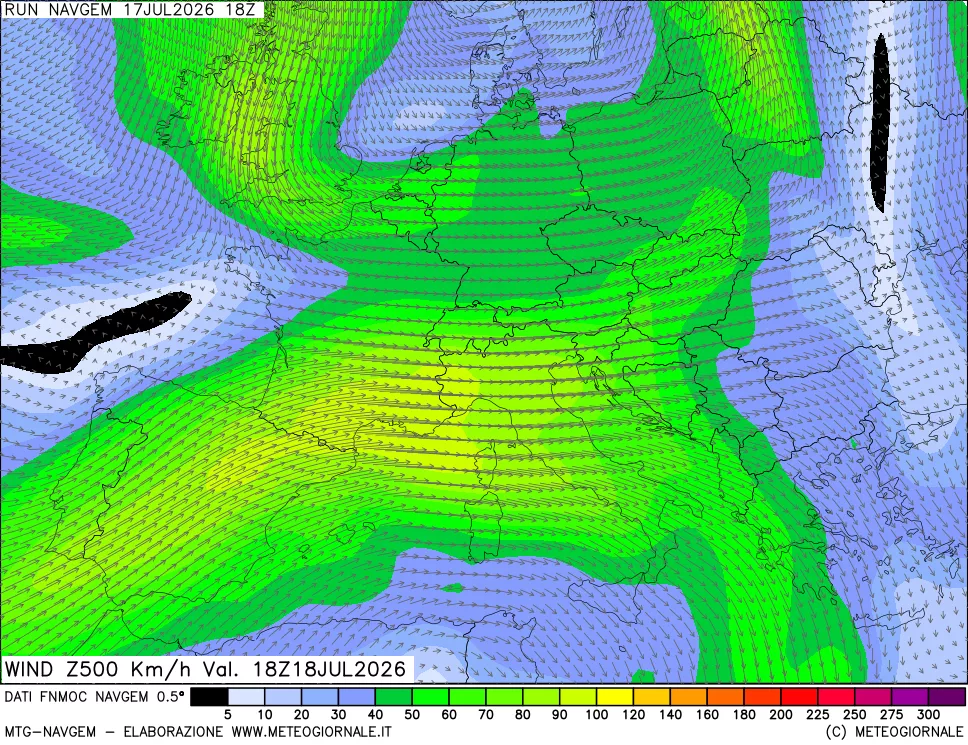 mappa Direzione e forza del vento a 500hPa