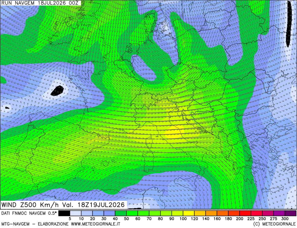 mappa Direzione e forza del vento a 500hPa