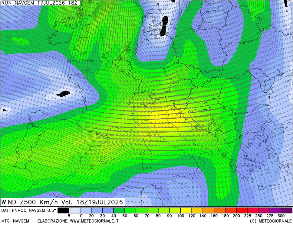 mappa Direzione e forza del vento a 500hPa