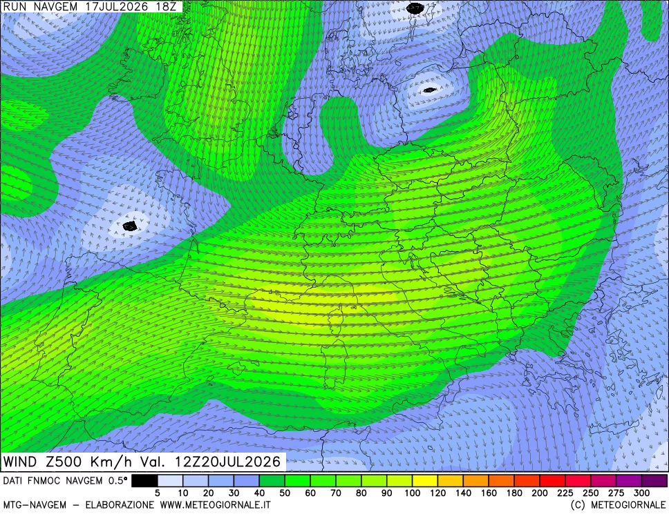 mappa Direzione e forza del vento a 500hPa