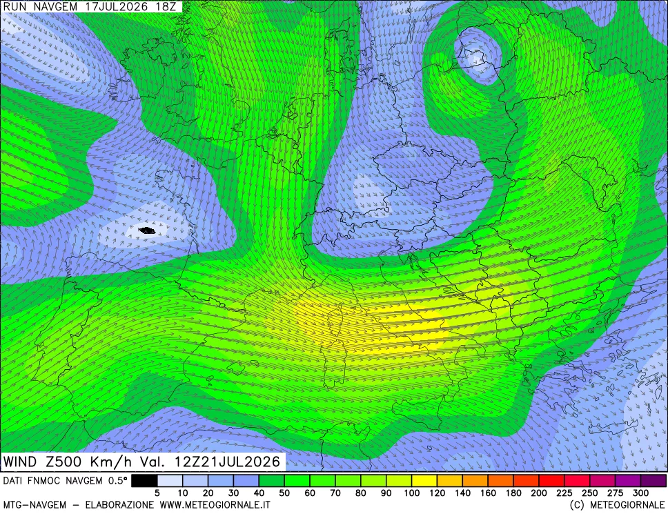 mappa Direzione e forza del vento a 500hPa