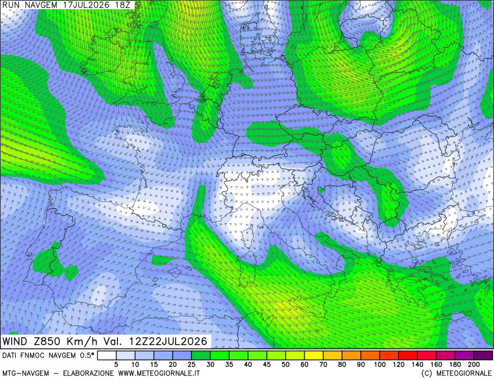 mappa Direzione e forza del vento a 850hPa