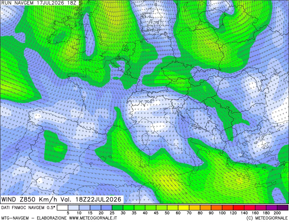 mappa Direzione e forza del vento a 850hPa